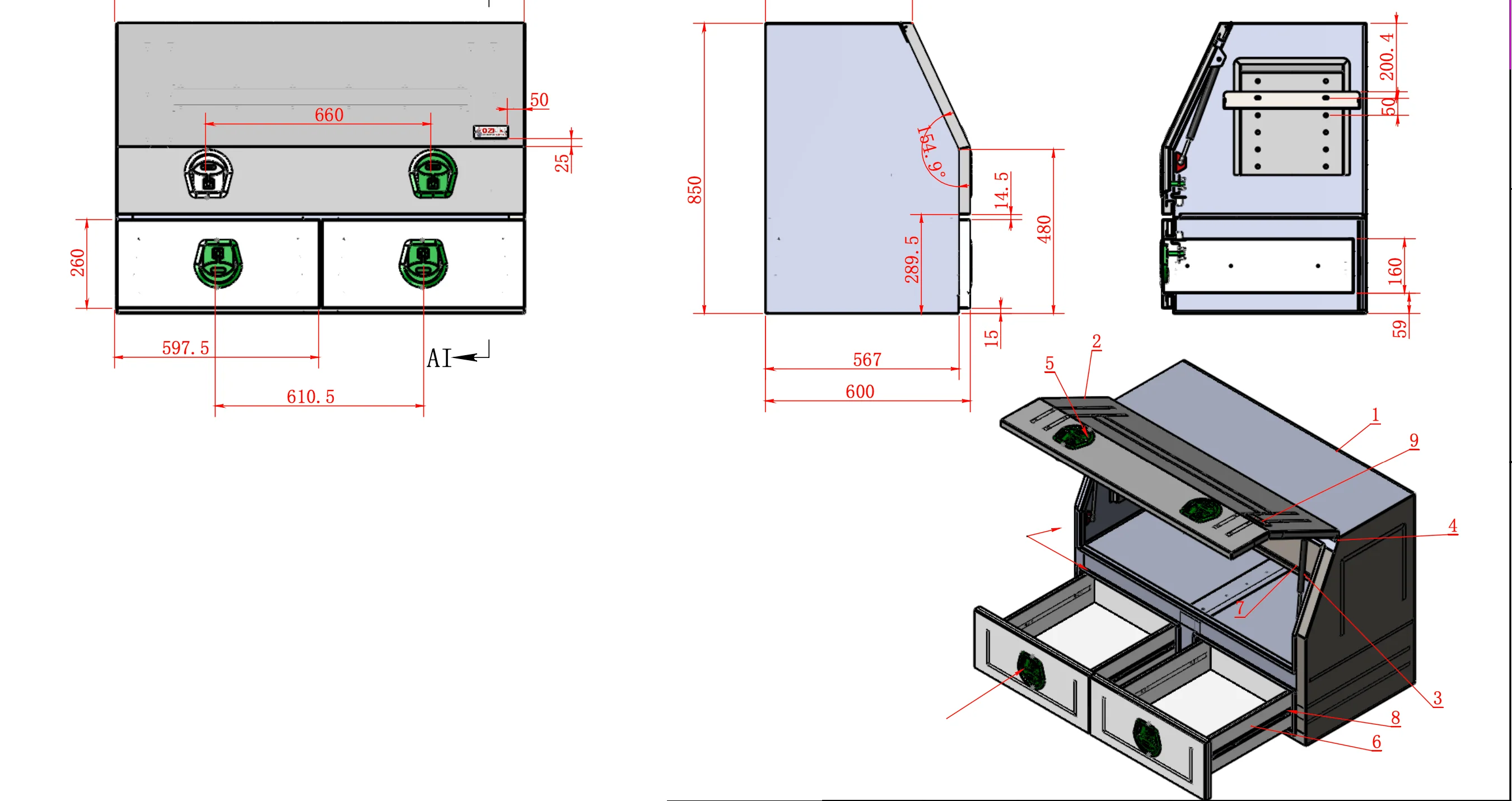 1200MM Half Door + 2 Drawer - Aluminium Tool Box Black - Image 7