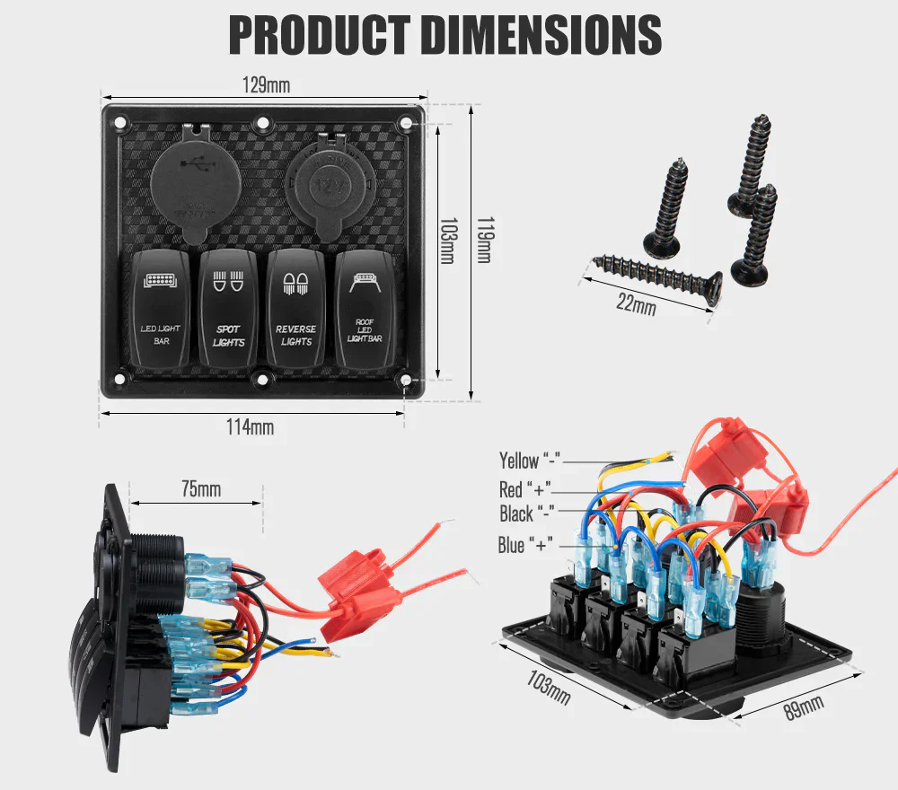 3 Gang Rocker Switch Panel ON-OFF Toggle Voltmeter USB C Type Charger 12V 24V - Image 8