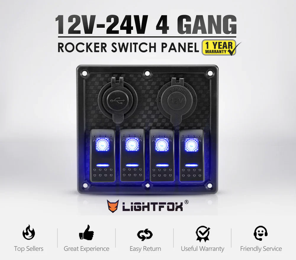 4 Gang Rocker Switch Panel ON-OFF Toggle Blue LED Dual USB 12V (Online Only) - Image 2