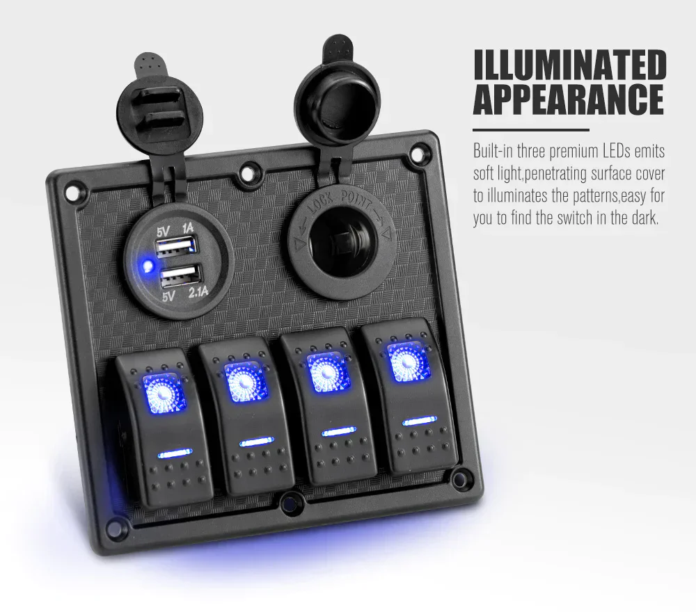 4 Gang Rocker Switch Panel ON-OFF Toggle Blue LED Dual USB 12V (Online Only) - Image 4