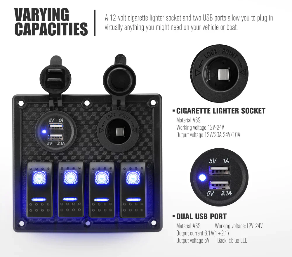 4 Gang Rocker Switch Panel ON-OFF Toggle Blue LED Dual USB 12V (Online Only) - Image 5
