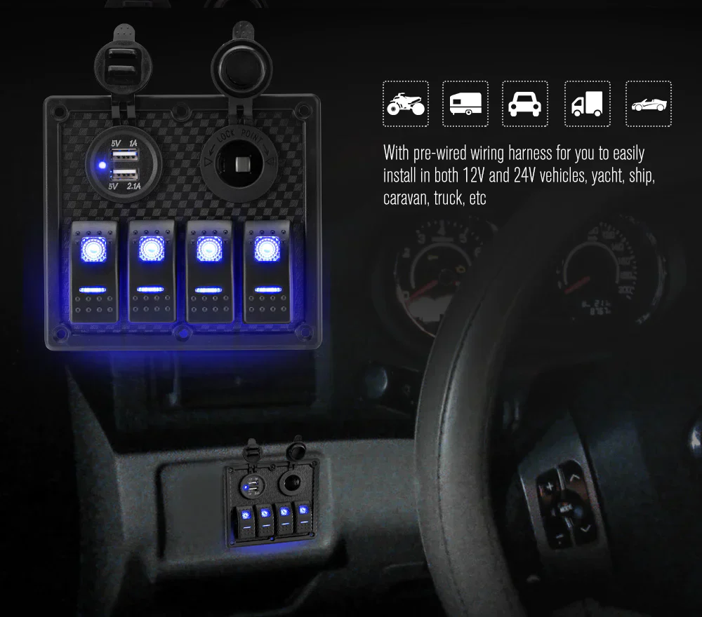4 Gang Rocker Switch Panel ON-OFF Toggle Blue LED Dual USB 12V (Online Only) - Image 9