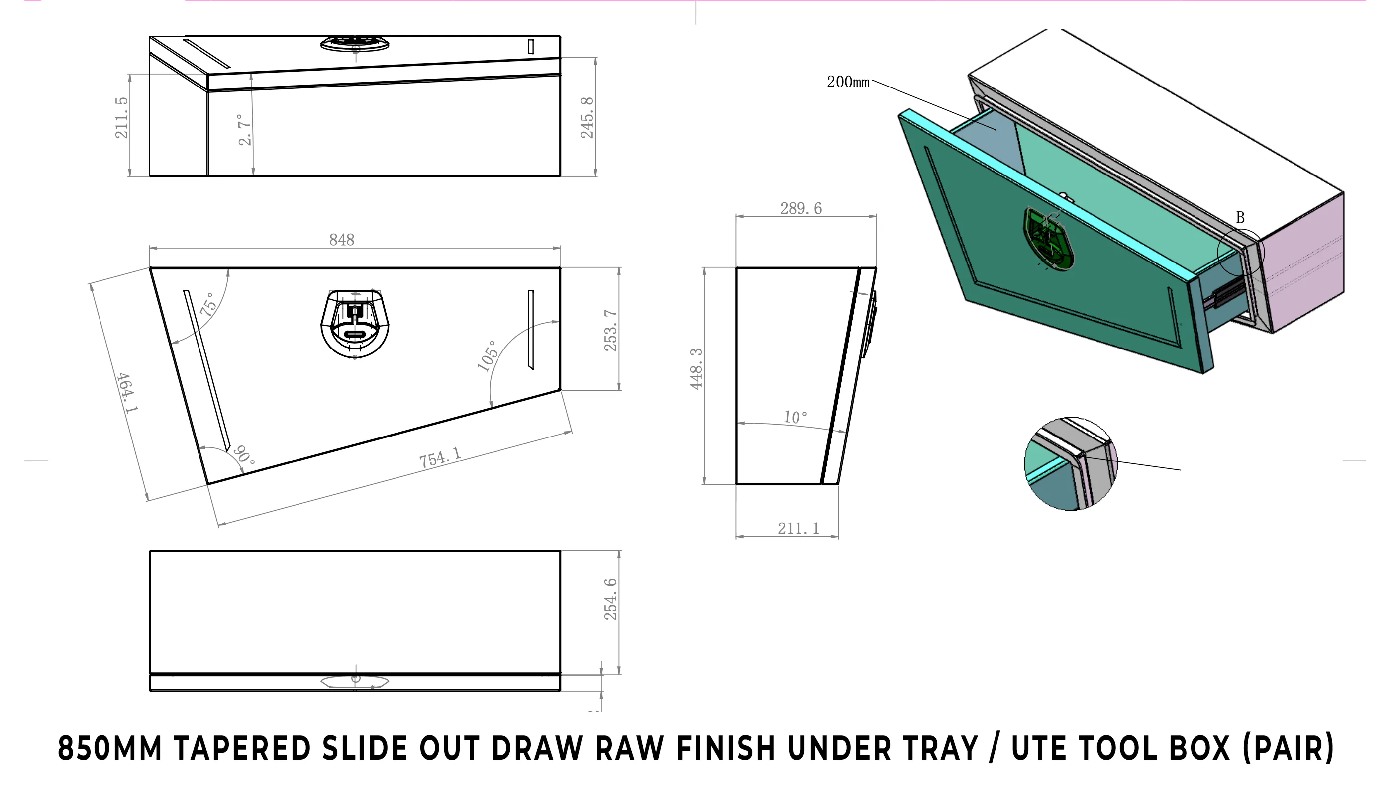 850MM Tapered Slide Out Draw Raw Finish Under Tray / Ute Tool Box (Pair) - Image 5