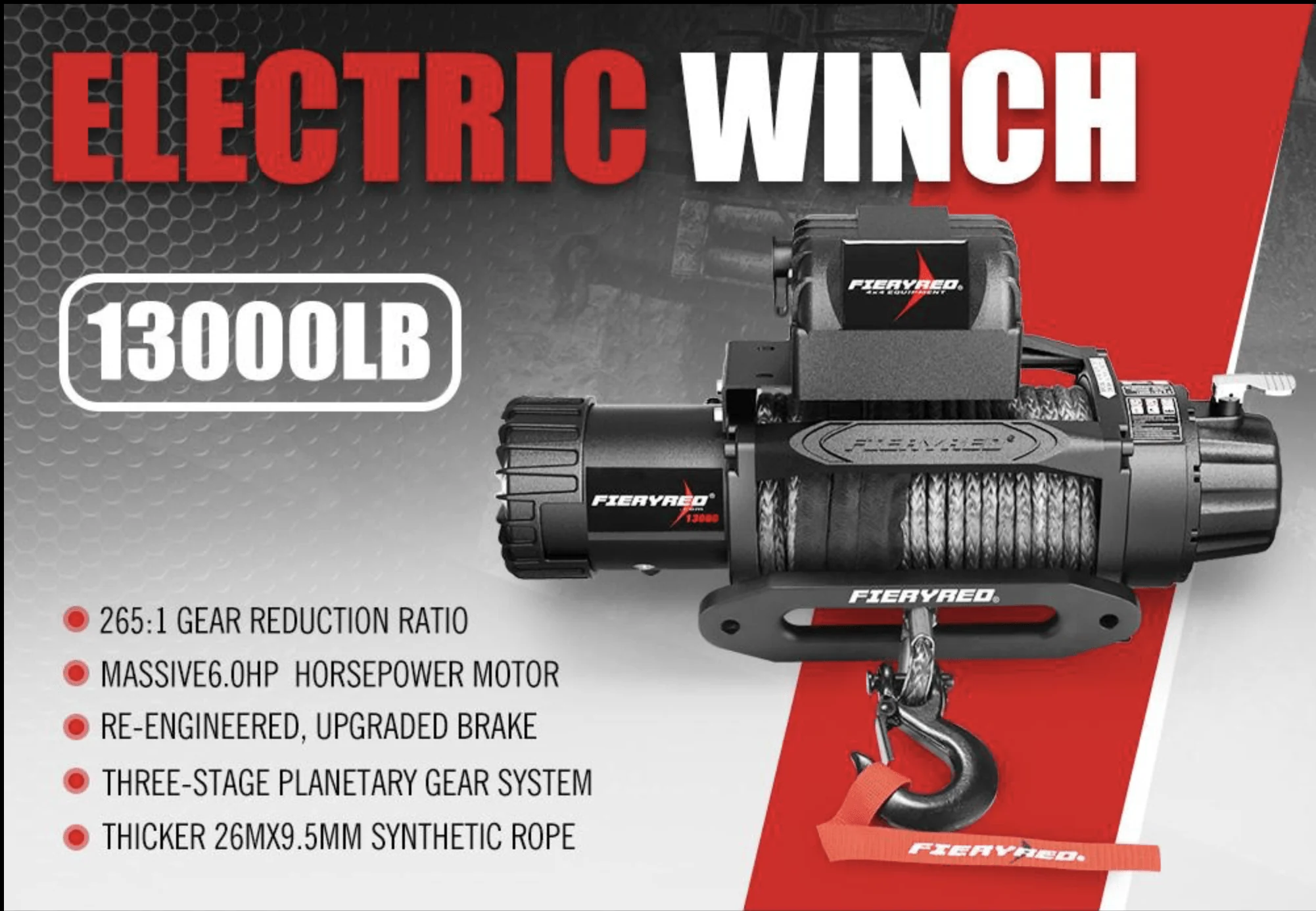 Winch 13,000 LBS Synthetic Rope Fiery Red - Image 3